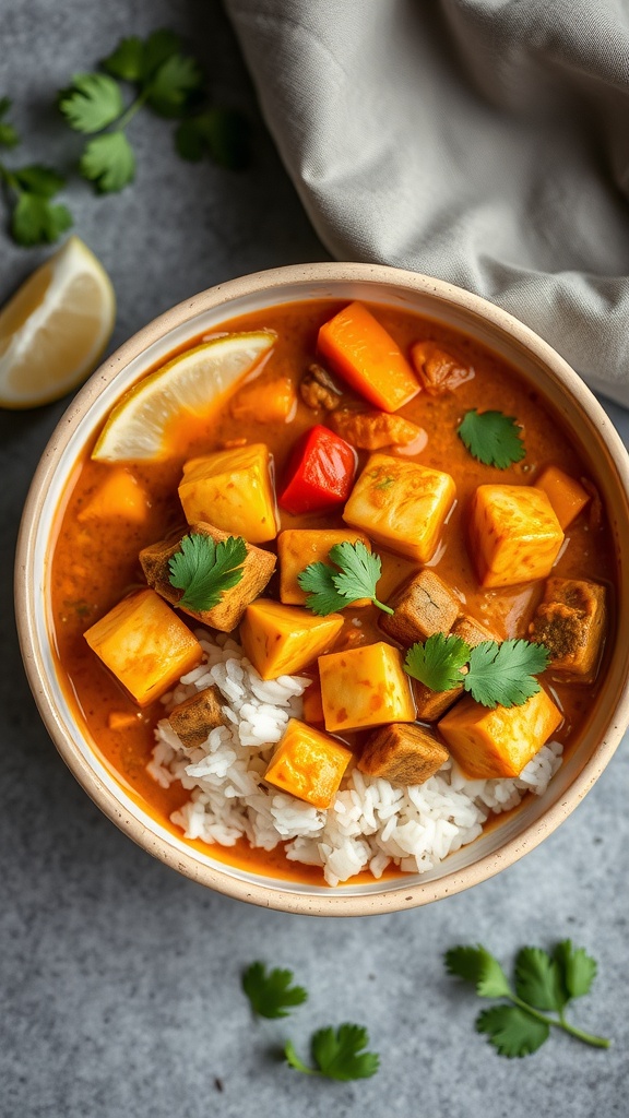 Bowl of tofu and vegetable curry served over rice with cilantro and lemon.