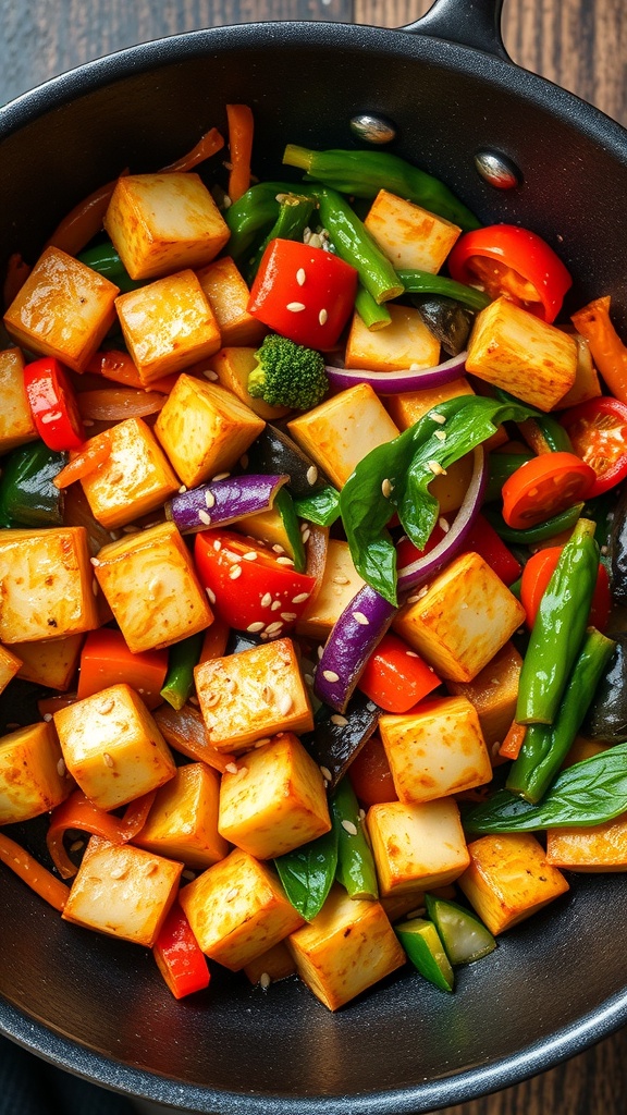 A colorful tofu and vegetable stir-fry in a black skillet.