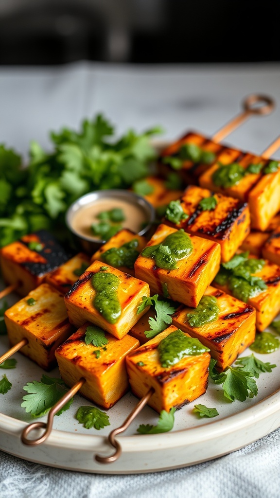 Grilled tofu skewers topped with chimichurri sauce and garnished with fresh cilantro.