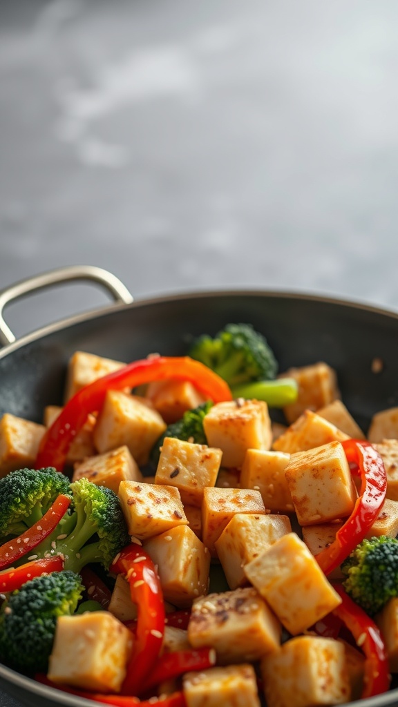 A colorful tofu stir-fry with broccoli and red bell peppers in a skillet.
