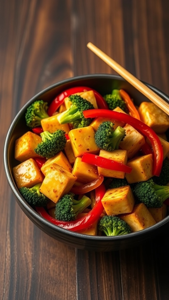 A colorful tofu stir-fry with broccoli and bell peppers in a black bowl, ready to eat.