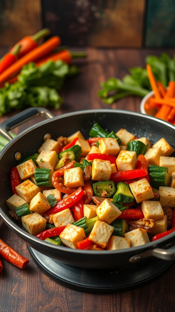 A colorful tofu stir-fry with mixed vegetables in a pan, showcasing vibrant bell peppers, green beans, and carrots.