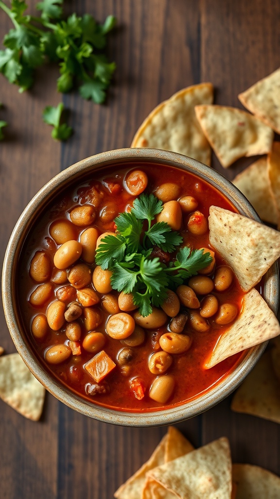 A bowl of tomato and bean chili with tortilla chips and cilantro on the side.