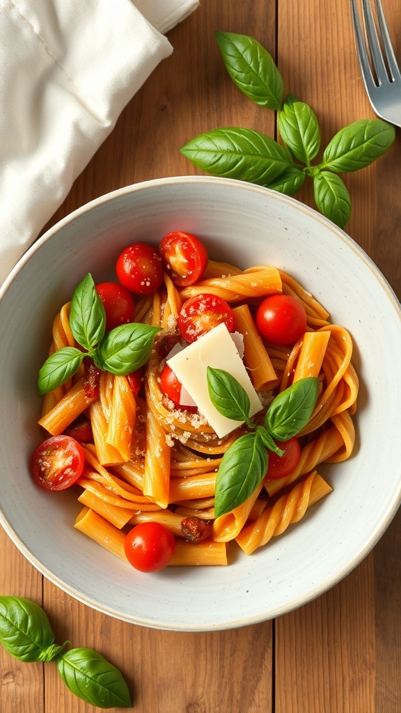 A bowl of tomato basil pasta with fresh basil and cherry tomatoes