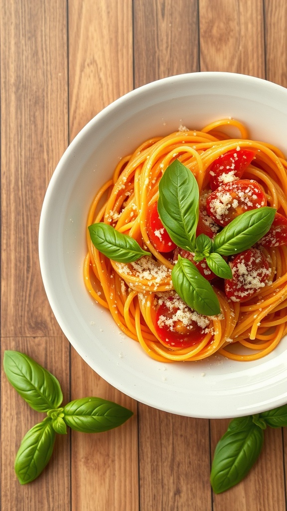 A bowl of tomato basil pasta topped with fresh basil leaves and grated cheese.
