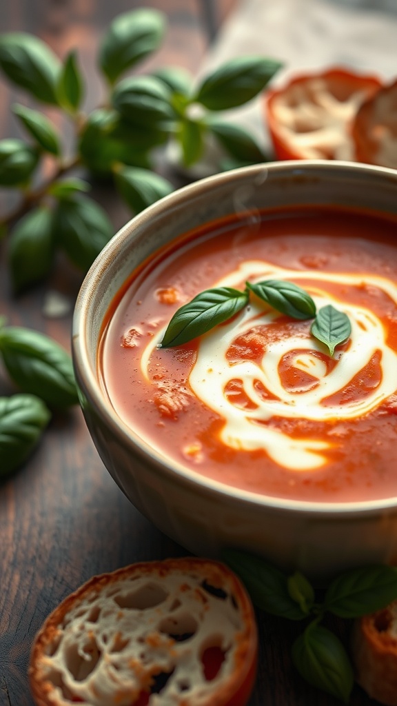 A warm bowl of tomato basil soup garnished with fresh basil, alongside toasted bread.