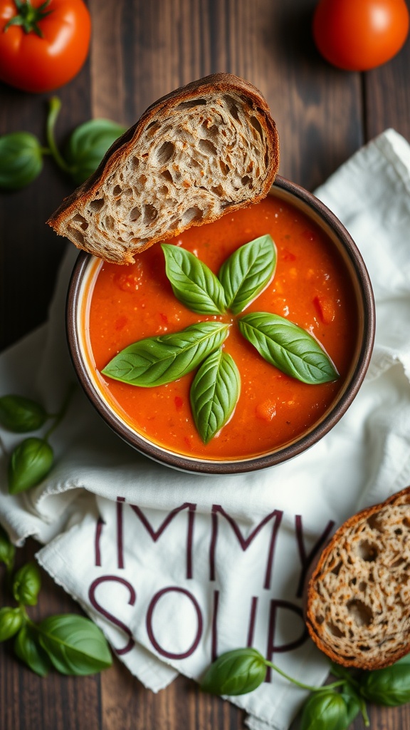 A bowl of tomato basil soup garnished with fresh basil leaves, served with a slice of whole grain bread.