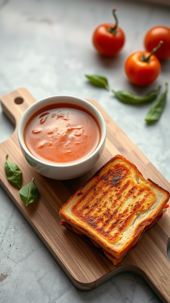 A bowl of tomato basil soup served with a grilled cheese sandwich on a wooden board, with tomatoes and fresh basil in the background.