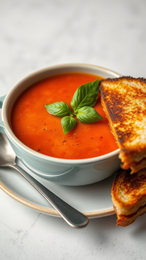 A bowl of tomato basil soup with a grilled cheese sandwich on the side, garnished with fresh basil.
