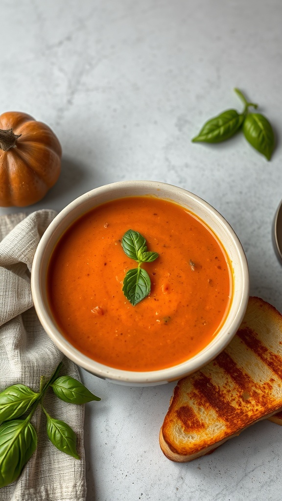 A bowl of tomato basil soup garnished with a basil leaf, alongside a grilled cheese sandwich and fresh basil leaves.