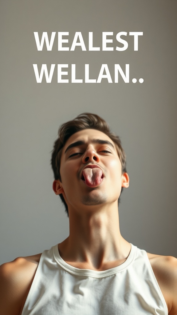 A person performing a tongue stretch to enhance jaw strength and definition
