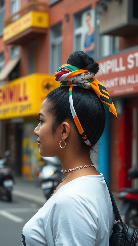 A woman with a top knot hairstyle and a colorful hair wrap, standing in a city street.