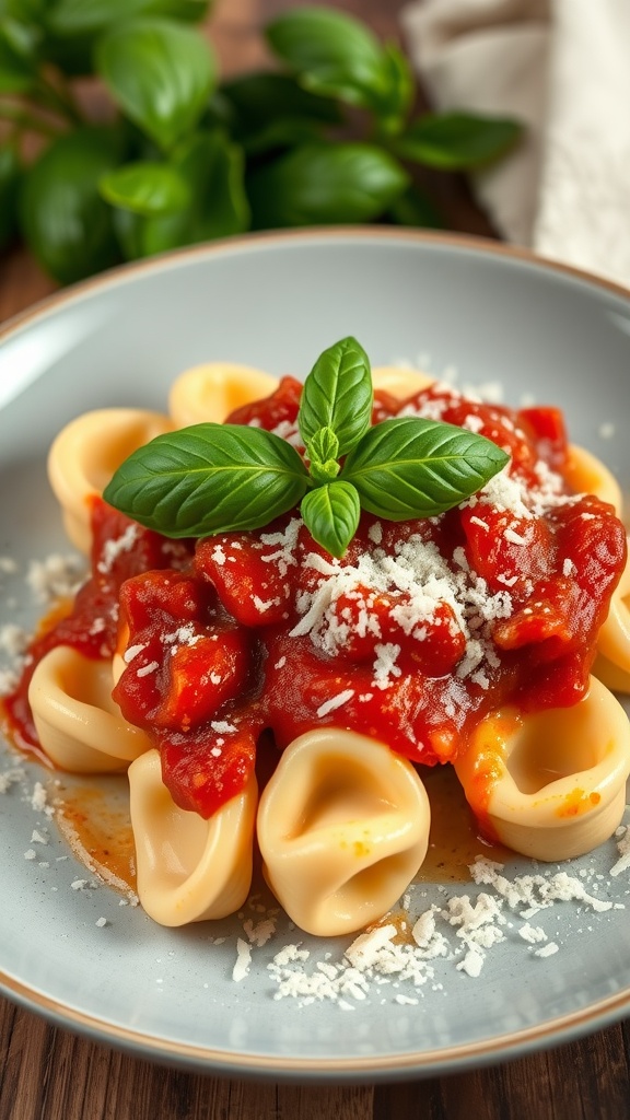 A plate of tortellini topped with marinara sauce and fresh basil.
