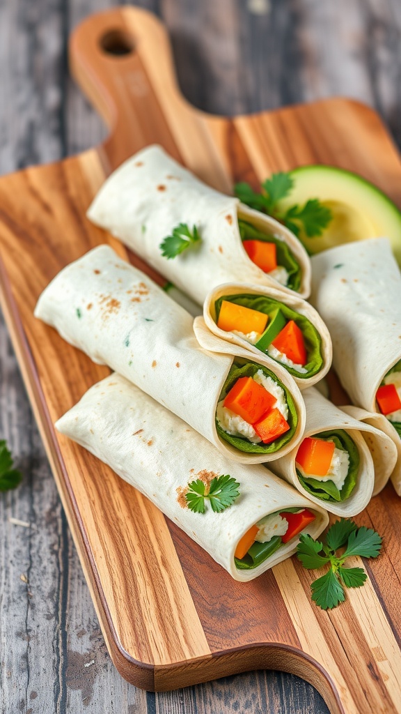 Tortilla roll-ups with cream cheese and colorful veggies on a wooden board.