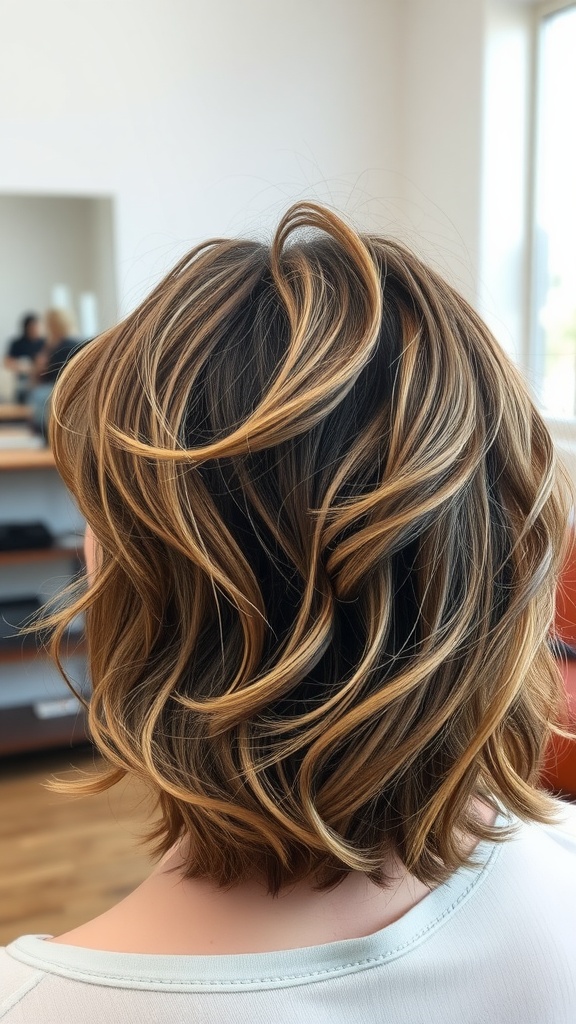 A casual tousled layered hairstyle with soft waves and highlights.