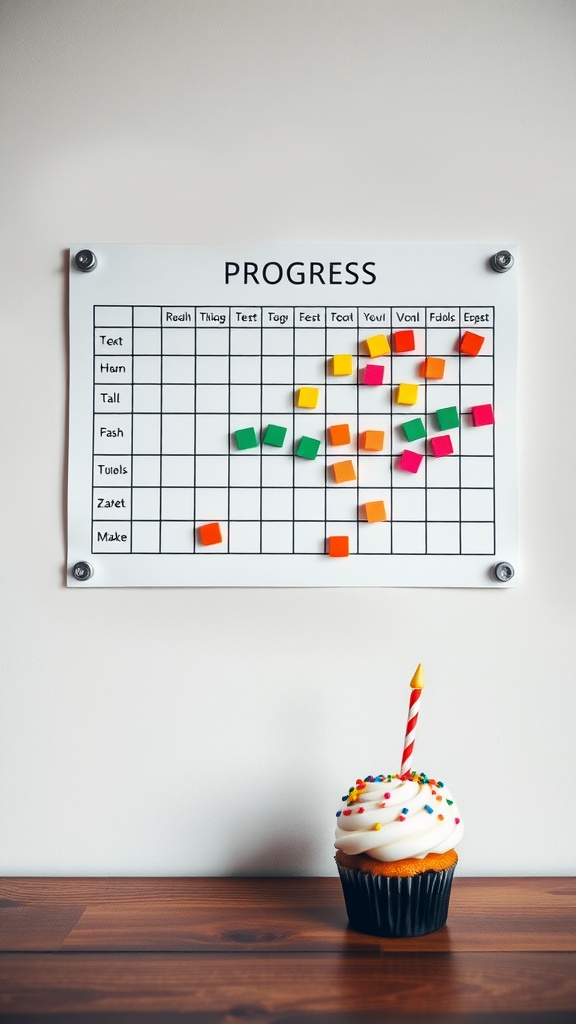 A progress chart with colorful sticky notes and a cupcake with a candle.
