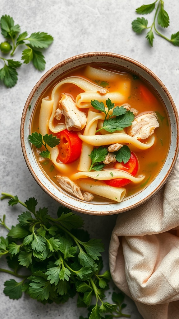 A bowl of traditional chicken noodle soup with noodles, chicken, and vegetables garnished with parsley.