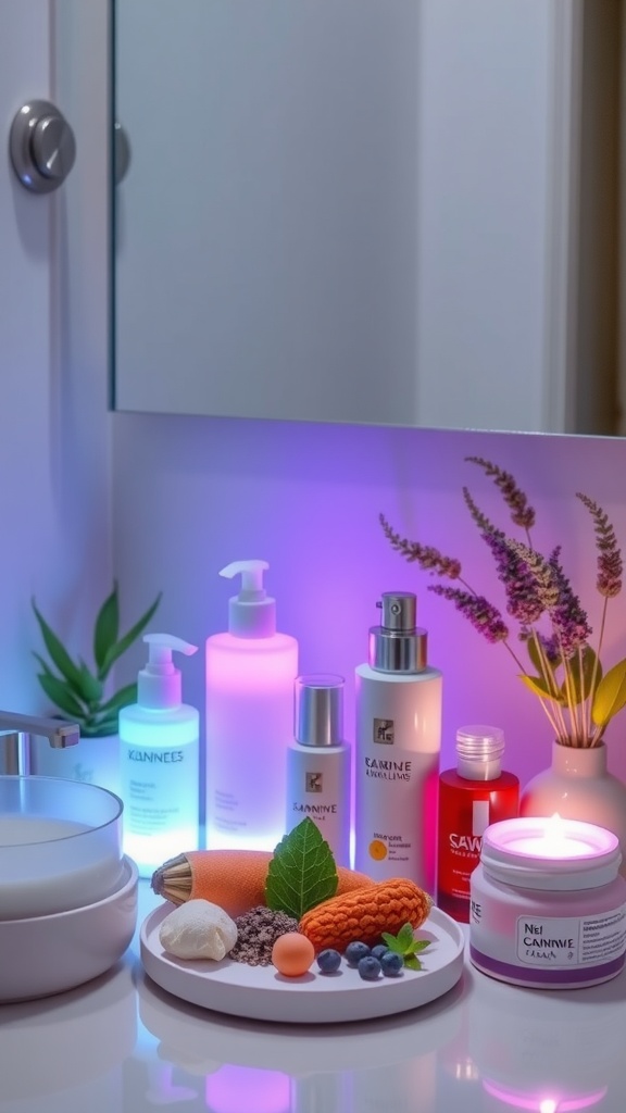 A well-arranged skincare setup featuring various products and natural ingredients.