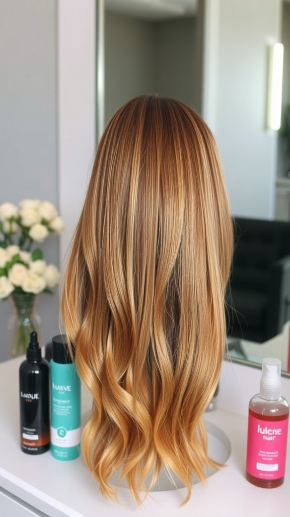 A mannequin with beautiful long hair and hair care products displayed around it.