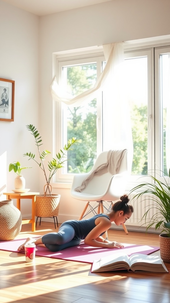 A person practicing yoga on a pink mat in a bright room with plants and a book.