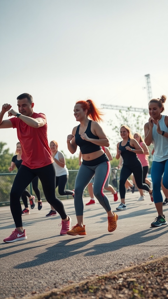 A group of people participating in a fitness class outdoors, showcasing enthusiasm and energy.