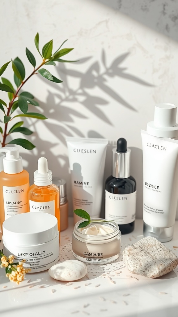 A variety of skincare products arranged on a surface, showcasing creams, serums, and oils.