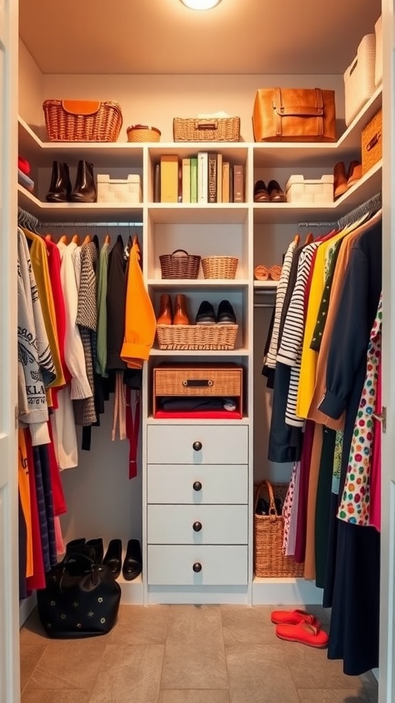 A well-organized wardrobe featuring various colorful clothes and accessories