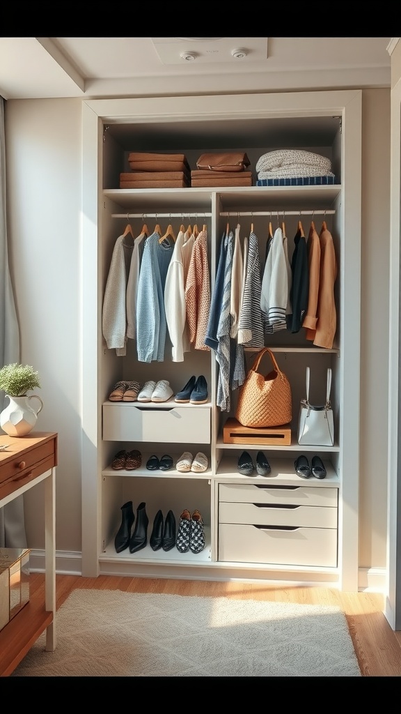 A well-organized wardrobe with various clothes, shoes, and accessories.