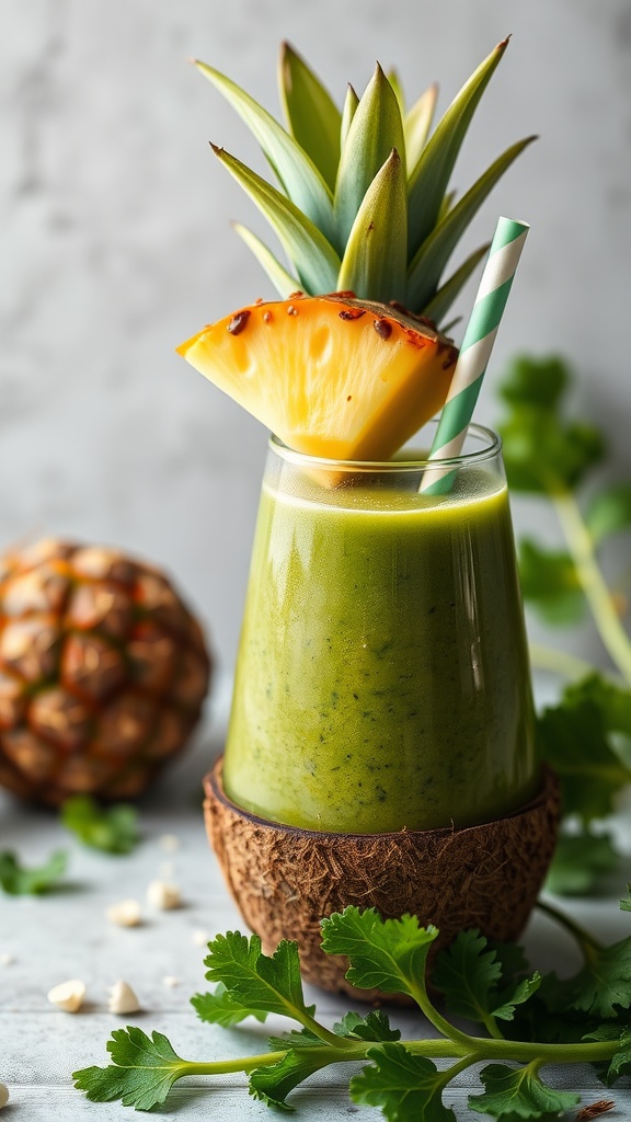 A refreshing and vibrant tropical green detox smoothie served in a glass.