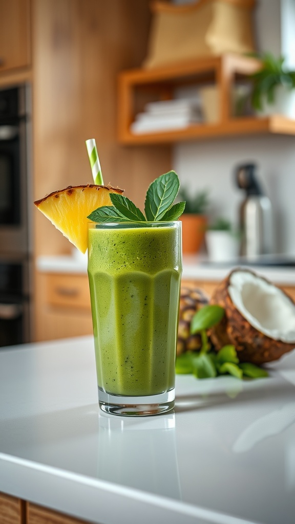 A glass of Tropical Green Detox Smoothie garnished with pineapple and mint leaves.