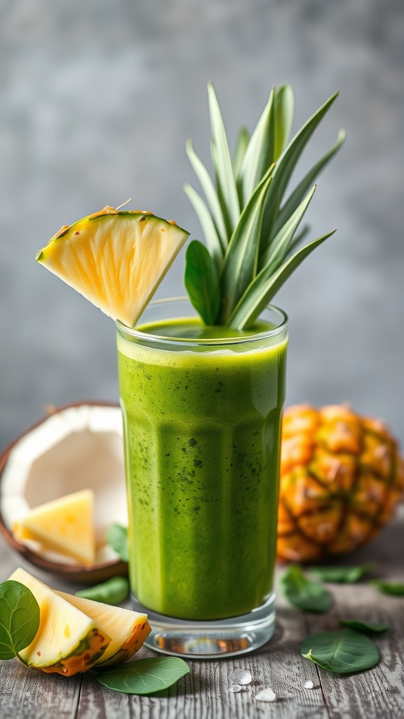 A refreshing green smoothie with pineapple and spinach garnished with a slice of pineapple.