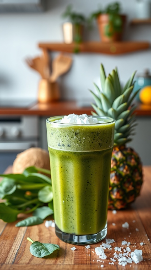 A refreshing Tropical Green Glow Smoothie in a glass, surrounded by tropical ingredients.