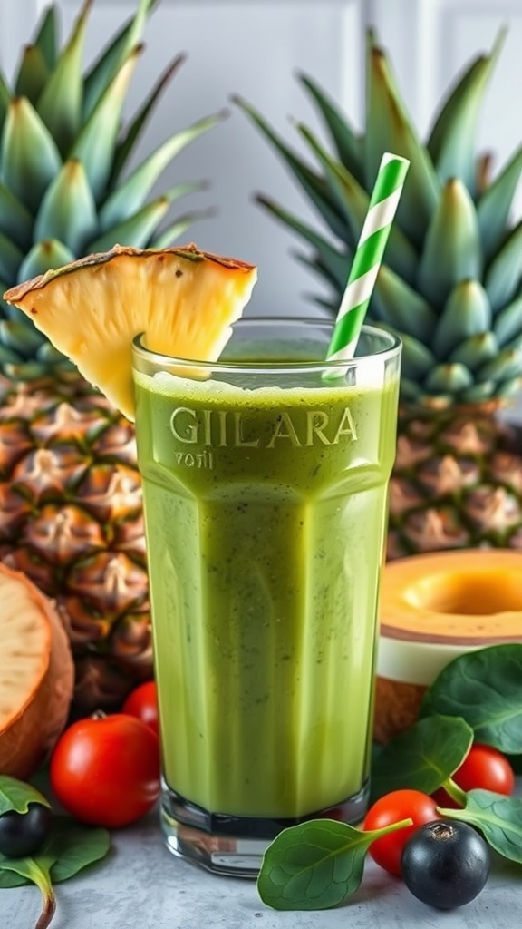 A vibrant green smoothie served in a tall glass, garnished with a pineapple slice and a striped straw, surrounded by tropical fruits.