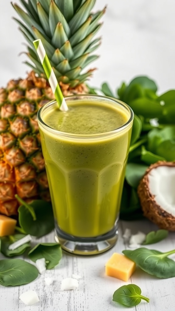 A glass of tropical green smoothie with spinach and pineapple.