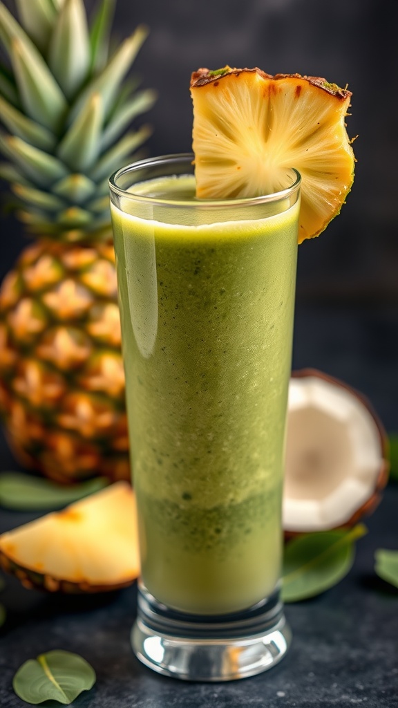 Tropical green smoothie with spinach, pineapple, and coconut in a glass