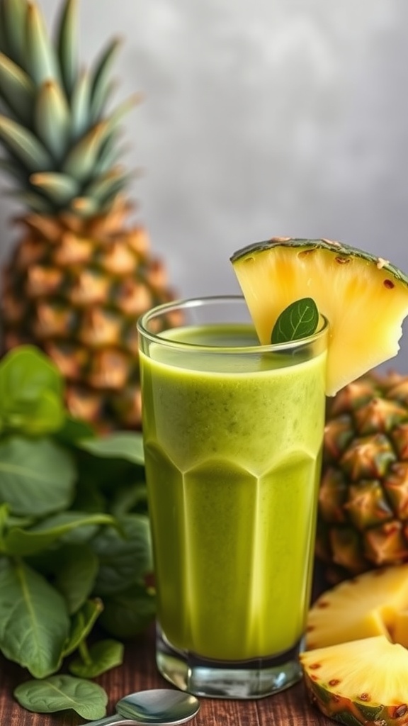 A refreshing green smoothie made with spinach and pineapple, garnished with a slice of pineapple.