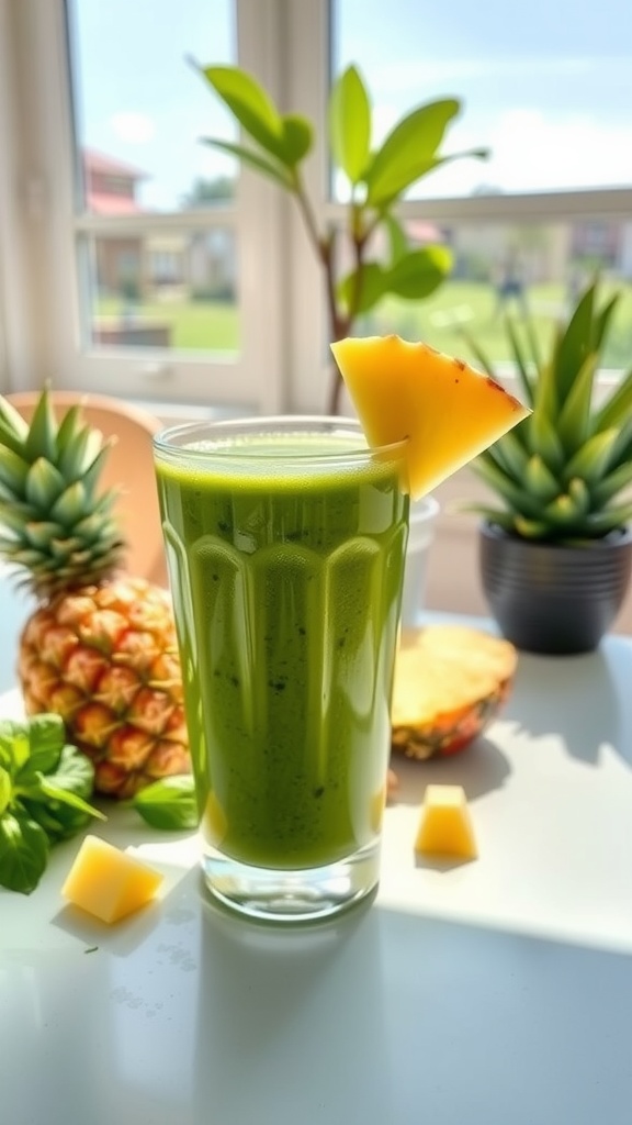 Tropical green smoothie served in a glass with pineapple garnish