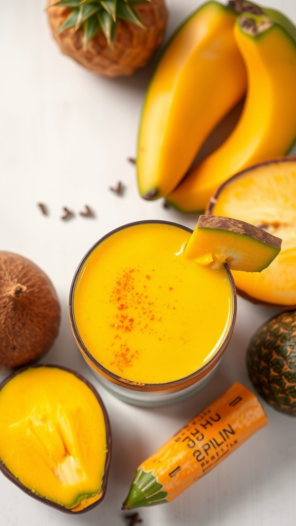 A vibrant tropical mango and turmeric elixir in a glass surrounded by fresh ingredients.