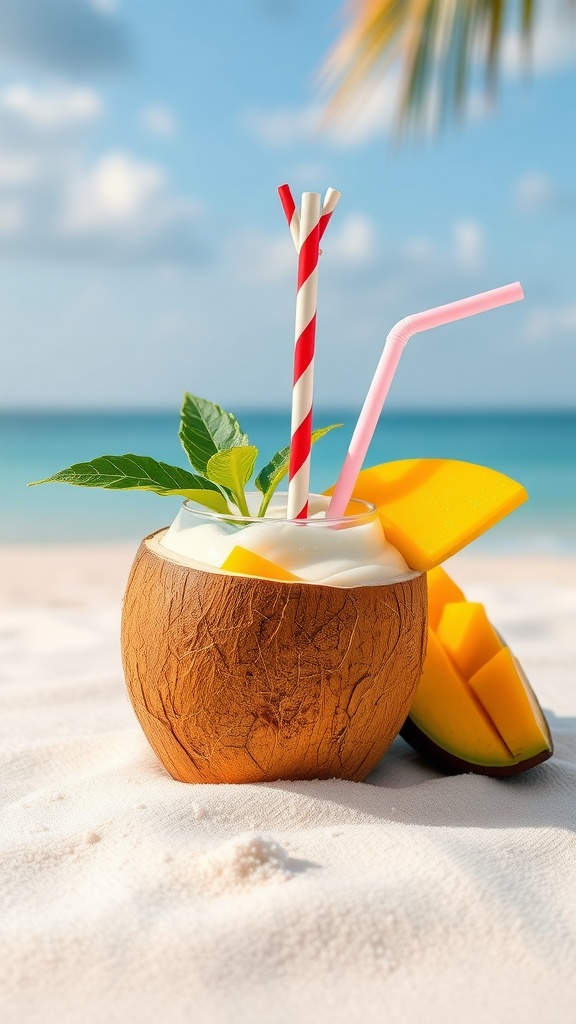 A tropical smoothie made with mango and coconut, served in a coconut shell.