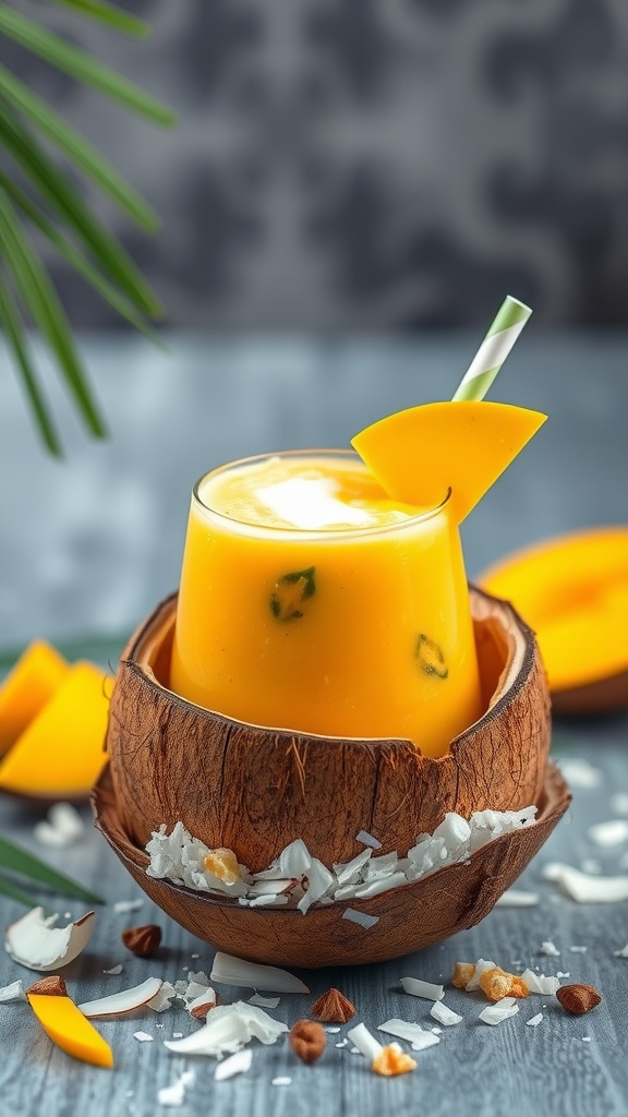 A refreshing Tropical Mango Coconut Smoothie in a coconut shell with mango slices and shredded coconut.