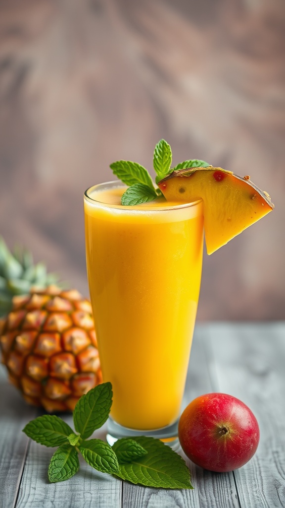 A refreshing tropical mango pineapple smoothie garnished with mint leaves