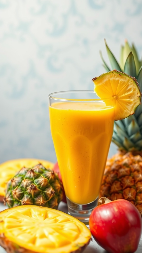 A glass of vibrant mango pineapple smoothie with fresh fruits.