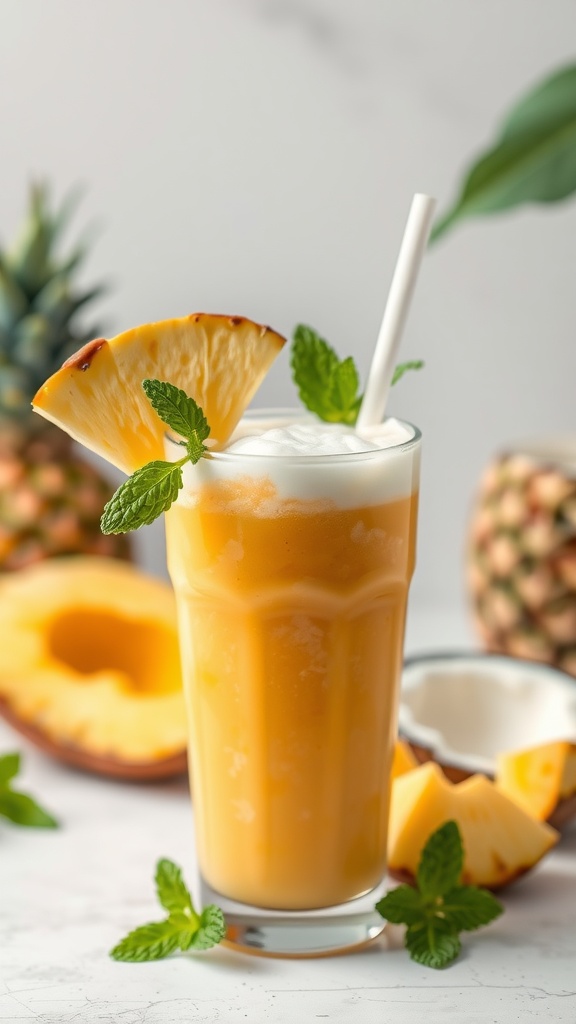 A refreshing tropical smoothie made with mango and pineapple, garnished with mint leaves.