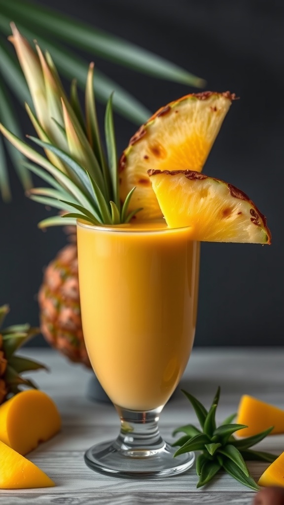 A refreshing tropical mango pineapple smoothie in a glass, garnished with pineapple slices.