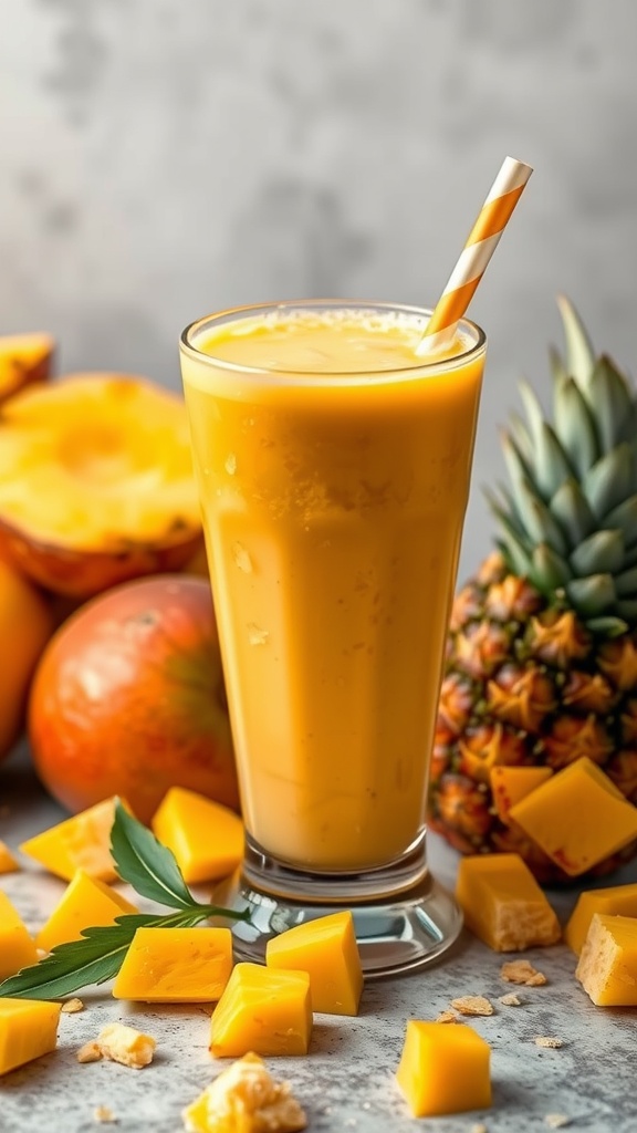 A refreshing Tropical Mango Pineapple Fusion smoothie in a glass, surrounded by fresh mangoes and pineapples.
