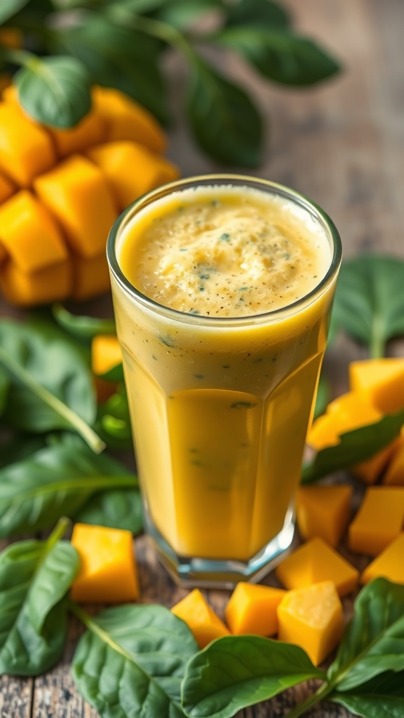 A delicious tropical mango spinach smoothie in a glass, surrounded by fresh mango and spinach leaves.