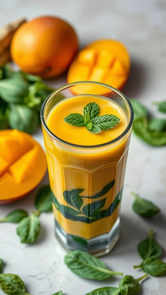Tropical Mango Spinach Smoothie in a glass with mint leaves on top