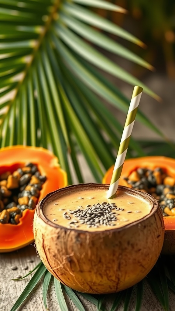 A tropical smoothie made with papaya and chia seeds.