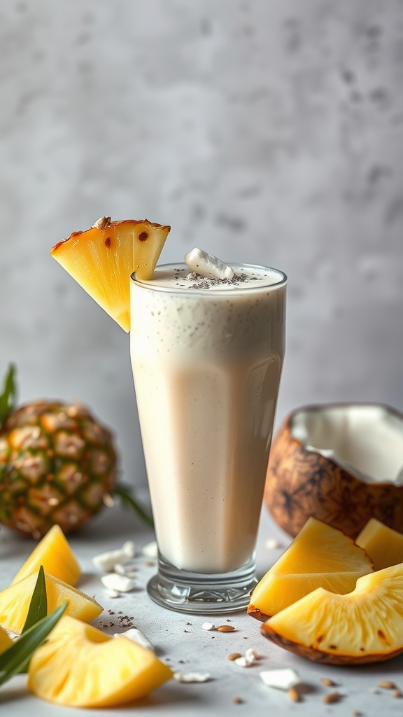 A refreshing pineapple smoothie in a tall glass, garnished with a slice of pineapple.