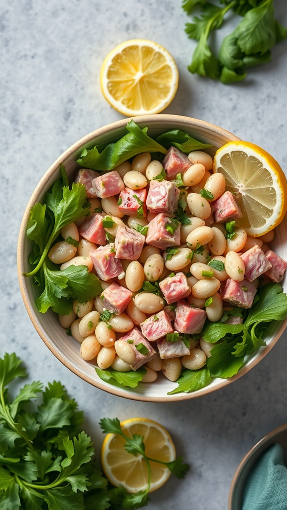 A healthy bowl of tuna and white bean salad with greens and lemon slices